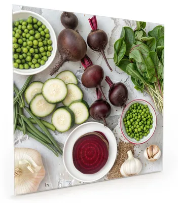 Produktbild von Küchenrückwand Spritzschutz Glas mit Motiv Frisches Gemüse Teller 40 x 40 cm