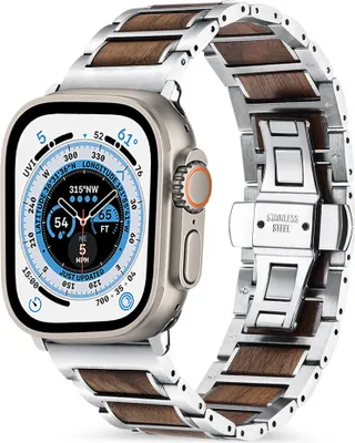 Produktbild von Strap-It Apple Watch Ultra Stahl-/Holzarmband (Silber/Braun)