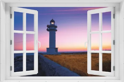 Produktbild von Wallario Wandbild mit Fenster-Illusion: Leuchtturm am Abend auf den Balearen Malerischer Himmel, Größe: 61 x 91,5 cm, Poster mit rahmenlosen Bildhalter
