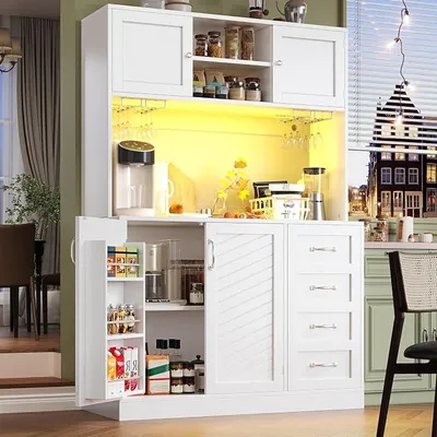 Produktbild von Seitenboard/Aufbewahrungsschrank/Küchenschrank/Buffetschrank, 120x40x188cm, mit LED-Beleuchtung, Snackregal & Getränkehaltern, 4 Türen & 2 große Schubladen, Weiß