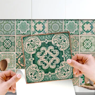 Produktbild von WALPLUS 24 PCS Hitzebeständige Fliesenfolie Küchenaufkleber 15x15cm Abziehbare und klebbare Fliesen Wasserfeste Fliesen Klebefolie Vintage Grün Antike Azulejo Wandfliesen Aufkleber