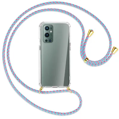 Produktbild von Handykette Backcover-Schutzhülle mit Band (Metall goldfarben) für OnePlus 9 Pro - pink/mint