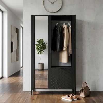 Produktbild von Garderobenschrank mit Spiegel - Schwarz - mit Ablagen und Kleiderstange - MALUMI MM-11