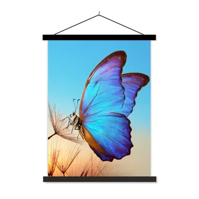 Produktbild von MuchoWow® Textilposter Schmetterling - Löwenzahn - Blau 120x160 cm mit schwarzem Rahmen - Magnetischer