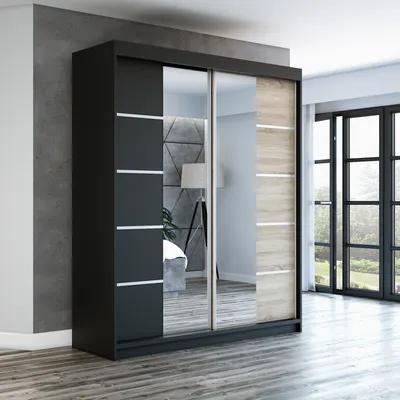 Produktbild von Schwebetürenschrank, 2-türig Schrank ERA 180 cm (mit Spiegel) Schwarz / schwarz / sonoma