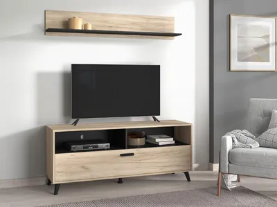 Image de Platania - Meuble TV, 138x40x58h cm brun chêne gris, 3 étagères