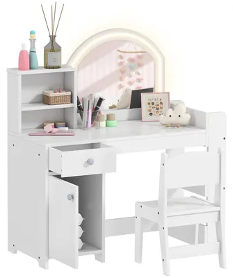 Produktbild von Kinderschminktisch - Frisierkommode aus MDF mit Spiegel - LED-Beleuchtung, Hocker, 1 Schublade, 5 Regale - Weiß