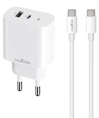 Immagine prodotto di Caricatore di rete Maxlife PD QC MXTC-06 1x USB-C 1x USB 30W bianco + cavo USB-C - USB-C 60W