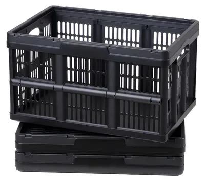 Zdjęcie produktu dla Zestaw 3 składanych pojemników SucceBuy o pojemności 45 l, składane plastikowe pojemniki do przechowywania, kosze z uchwytami, które można ustawiać jeden na drugim, nośność 15 kg na pojemnik, praktyczne składane pojemniki do organizacji domu, kolor czarny