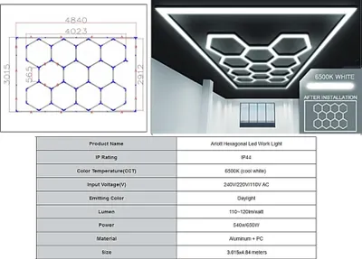Obrázok produktu pre Šesťuholníkový stropný svetelný systém voštinového tvaru 4,02 x 2,91 m.