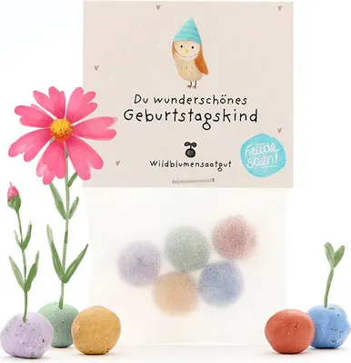 Produktbild von Blumenmurmeln „Du wunderschönes Geburtstagskind“ – 5 bunte Saatkugeln im Tütchen – Nachhaltiges Geburtstagsgeschenk & Mitbringsel – Wildblumensaat, bienenfreundlich & umweltfreundlich