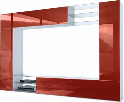 A modern media console unit with red high-gloss accents and white matte sections, featuring open glass shelves and storage compartments.