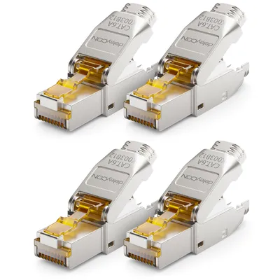 Produktbild von deleyCON 4x CAT 6a Netzwerkstecker RJ45 Werkzeuglos Geschirmt 10 Gbit/s Netzwerk Stecker für Starre Verlegekabel Rohkabel Steckverbinder RJ45 Ethernet LAN DSL Patchkabel