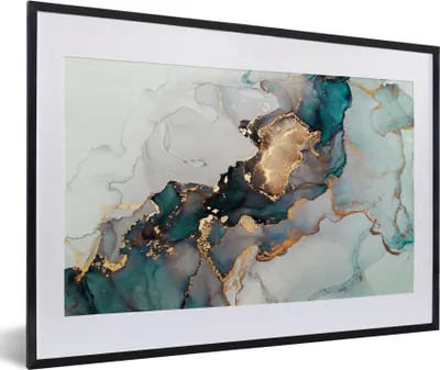 Produktbild von MuchoWow® Gerahmtes Poster Blau - Marmor - Gold 60x40 cm - Poster mit Schwarzem Bilderrahmen Wandposter Rahmen Foto Bilder - Schlafzimmer - Plakat in Rahmen - Drucken
