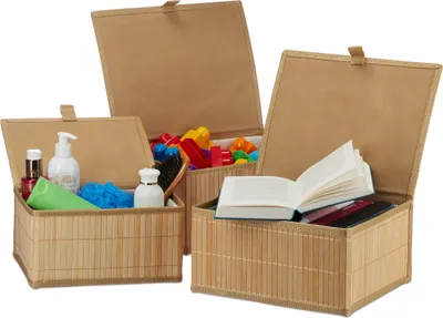 Produktbild von 6 x Aufbewahrungskorb, mit Deckel & Stoffeinsatz, Bambuskorb, dekorative Aufbewahrungsbox, 3 Größen, Regalkorb, natur