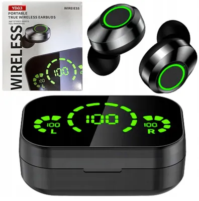 Zdjęcie produktu dla Słuchawki Bluetooth 5.0 douszne z etui 300 mAh czarne szybkie parowanie dotykowa obsługa zasięg do 10 m