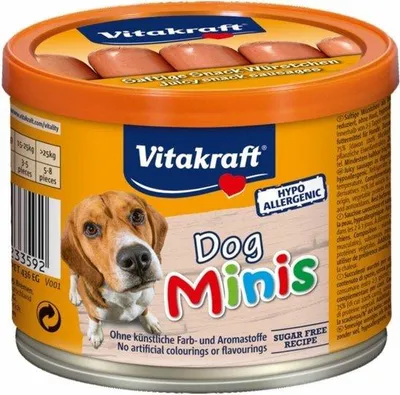Produktbild von Vitakraft Dog Minis, Hundeleckerli, Mini Würstchen aus Geflügel und Schwein, in Dose mit Deckel, Hunde Trainingsleckerli, gewürzreduziert, ohne Zusatz von Zucker (1x 120g)