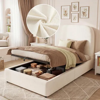 Produktbild von Flieks Hydraulisches Polsterbett 90x200cm mit Stauraum, Jugendbett Kinderbett Einzelbett mit Kopfteil und Lattenrost, Stauraumbett Bouclé, Beige