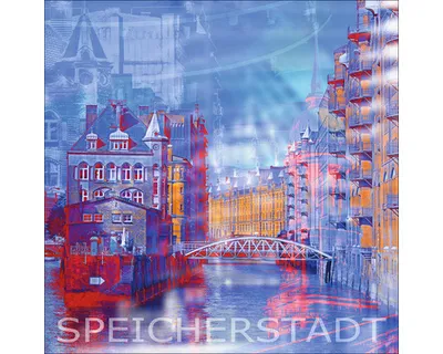 Produktbild von Glasbild Hamburg Speicherstadt blau 50x50 cm