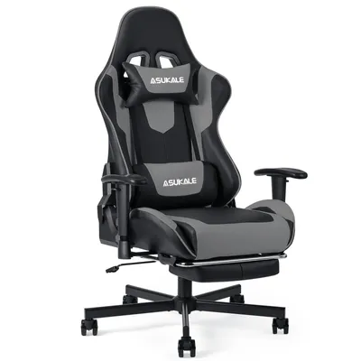 Produktbild von Ergonomischer Gamingstuhl mit Fußstütze, Kopf- und Lendenkissen, Armlehnen, höhenverstellbar, 360° drehbar, Schwarz/Grau