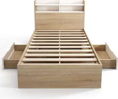 Image de Abrihome Lit en bois Lit classique de rangement 90x200cm avec 2 tiroirs & compartiment de rangement, lit d'enfant avec sommier à lattes