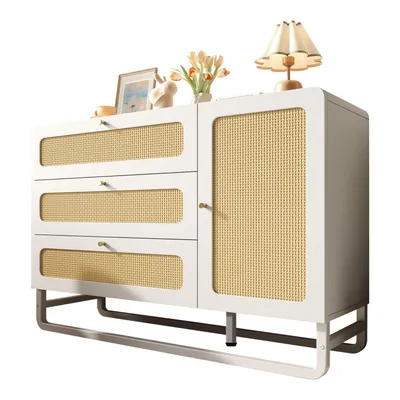 Produktbild von Kommode Schrank mit Rattan & Goldgriffen, Landhausstil Weiß mit 3 Schubladen & 1 Türschrank, Höhenverstellbare Regale & Kippsicherung, 120x85x40cm