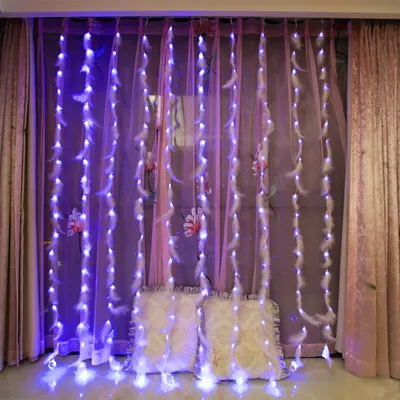 A decorated window with string lights and feathers, with two pillows in the foreground.