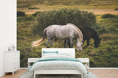 Produktbild von MuchoWow® Fototapete für Wohnzimmer oder Schlafzimmer Wandtapete Vinyl Motivtapete Pferde - Gras - Strauch - 330x220 cm - Fototapeten