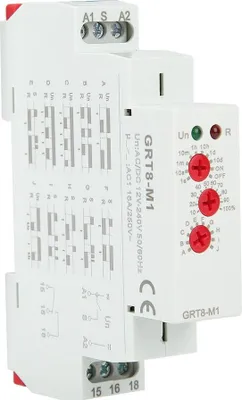 A white electronic relay device mounted on a DIN rail.