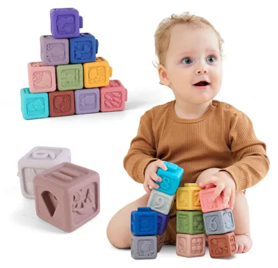 Produktbild von Babyspielzeug Montessori Silikonbausteine - Sensorik-Spielzeug ab 6 Monaten - 12 Stück - Lernwürfel mit Farben, Formen und Zahlen