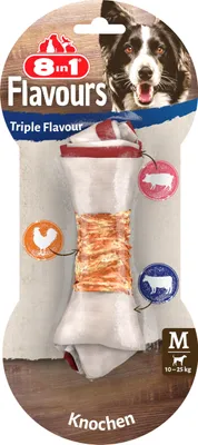 Produktbild von 8in1 Triple Flavour Knochen M, Hundeknochen mit Hähnchenfilet, Schweine- und Rinderhaut