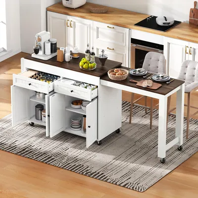 A kitchen island with a pull-out table and storage is shown in a kitchen setting.