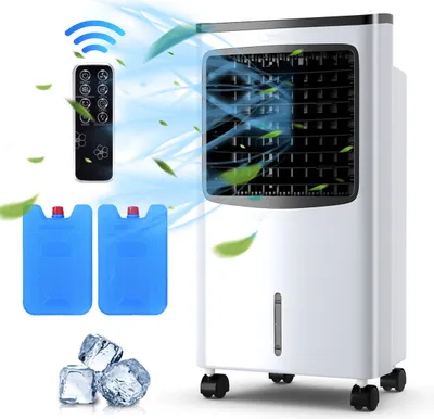 A white evaporative cooler with ice packs and a remote control, surrounded by graphics indicating airflow and leaves.
