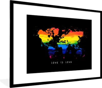 Produktbild von MuchoWow® Gerahmtes Poster Weltkarte - Regenbogen - Liebe 80x60 cm - Poster mit Schwarzem Bilderrahmen Wandposter Rahmen Foto Bilder - Schlafzimmer-Dekorationen - Fotoposter