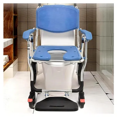 Produktbild von Toilettenstuhl mit Rollen für Senioren, klappbarer Duschstuhl mit 4 Rädern und gepolstertem Sitz