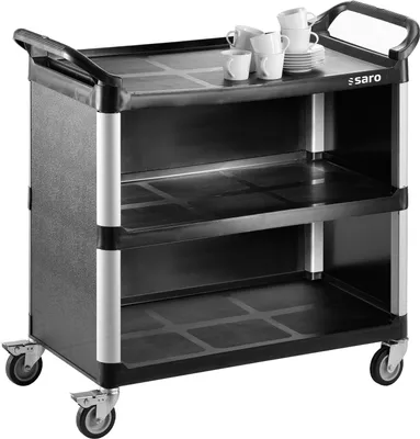A black transport/serving cart with two shelves and wheels, with a few white cups and saucers on the top shelf.
