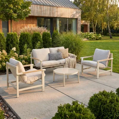 Produktbild von BEAUTYSOFA | ASPEN Gartenmöbel Set Beige – Lounge Set mit 2 Sesseln, 2-Sitzer Sofa & Couchtisch, Aluminium Gartenmöbel, Terrassenmöbel mit Glasplatte