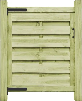 A wooden garden gate with black hinges and a black handle, presented against a white background.