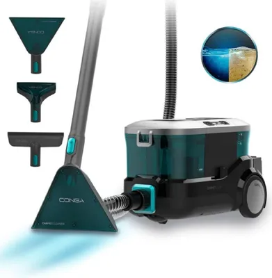 A carpet cleaner with various attachments and a diagram showing its cleaning action.