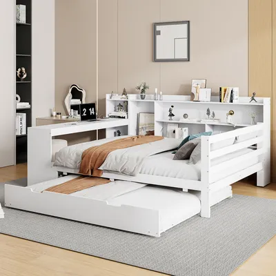 Produktbild von MODFU Schlafsofa Holzbett Ausziehbett Kinderbett Jugendbett, 140*200 cm, Mit Schreibtisch Bücherregalen Ablagefächern und Regalen, Mit Steckdose, Weiß ohne Matratze