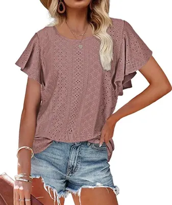 Produktbild von ASKSA Damen T-Shirt Rüschenärmel Bluse Aushöhlen Tops Casual Rundhals Loose Shirts, Dunkelrosa, L