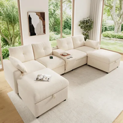 Produktbild von STILVORA Wohnlandschaft 6-Sitzer in U-/L-Form mit 2 Stauraum-Hockern, Ecksofa mit Mittelkonsole und Getränkehaltern, Modulares Sofa mit USB & Type-C, Chenille, Beige