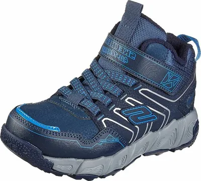 A single navy blue and gray Skechers sneaker is shown against a white background.