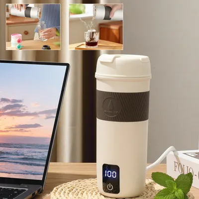 Produktbild von Thermobecher, 350ml, mit Trinköffnung, Digitalanzeige, Trinkbecher auslaufsicher, Deckel und Griff, Trockenbrandschutz, Überhitzungsschutz, Edelstahl