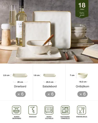 Immagine prodotto di Set di stoviglie da 18 pezzi, color beige, composto da piatti e ciotole, ideale per la cucina