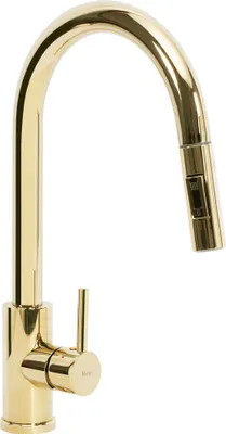 A close-up studio shot of a gold kitchen faucet against a white background.