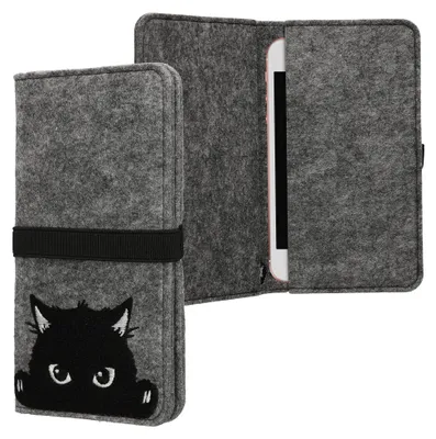 Produktbild von kwmobile Filz Tasche für Smartphones - mit Gummiband - Handy Filztasche Schutztasche Neugierige Katze Grau Schwarz - 16,0 x 8,0 cm Innenmaße