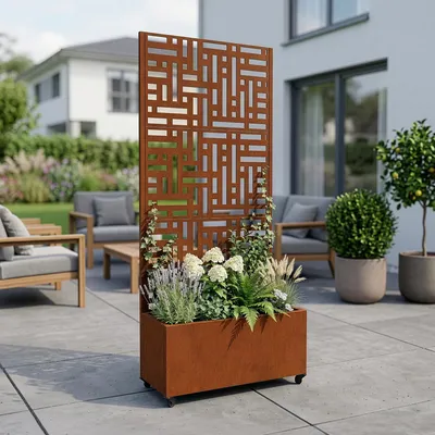 Produktbild von Trennwand ‘Bernalda’ mit Blumenkasten Rollen Stahl 190 x 82 x 38 cm Edelrost