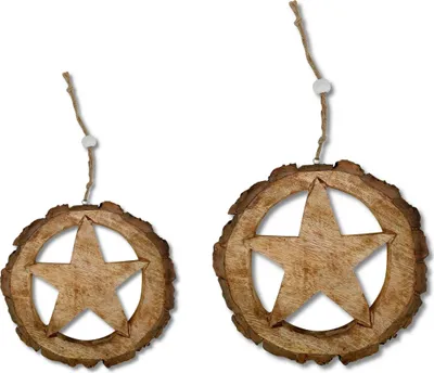 Produktbild von Mango-Holz Dekohänger Stern braun 2er Set - 21 und 32cm Fenster-Deko Walddeko Dekoration Baumscheibe Rinde