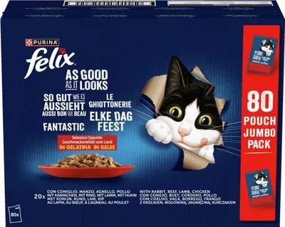 Produktbild von FELIX So gut wie es aussieht Geschmacksvielfalt vom Land in Gelee, Katzennassfutter für ausgewachsene Katzen, 80x85g (80x85g)